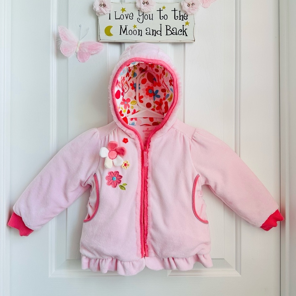 Hallmark Design - Baby Coat Flower Appliqués, Tulle, Back Bow. Size 12-18M - GUC